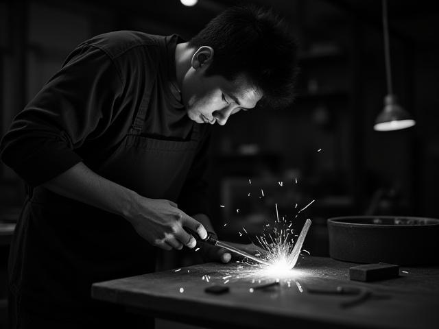 工房で働く職人のモノクロ画像