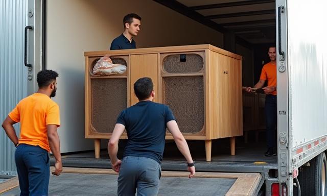 家具がトラックから運ばれ、室内に丁寧に設置される様子