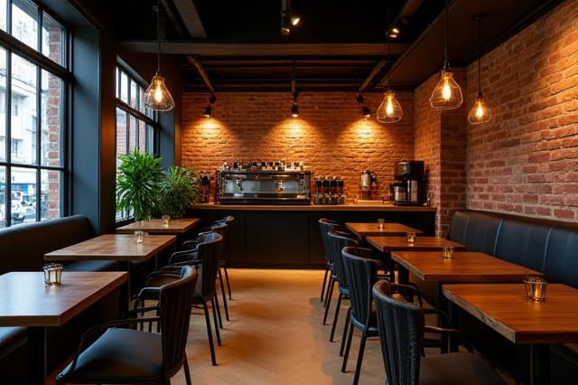 インダストリアルデザインのモダンカフェのインテリア